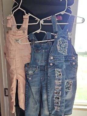 Kids Pink Corduroy Overalls + Two Denim Overalls - Trio